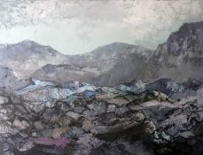 Oil on board
Hans Hedley 
Abstract landscape scene in blue hues - "High Wilderness" (see verso for