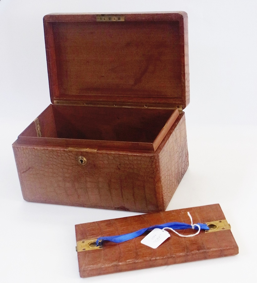 A brown leather jewel box, possibly alligator, with brass fittings and an inner lid (no key) - Image 2 of 2