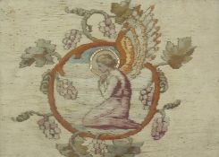 Late 19th/early 20th century silk embroidered picture of kneeling angel within fruiting vine border,