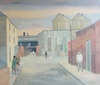 Oil on canvas
Ruth Burden (b.1925)
Factory street scene with figures, entitled on reverse "Mill