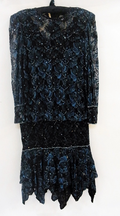 A 1980's Frank Usher evening dress, with drop waist, blouson top, heavily embroidered, a blue - Image 2 of 5