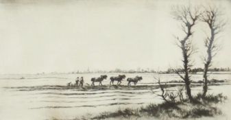 Etching
After Douglas McLeod 
Team of three horses ploughing in farm landscape together with
Print