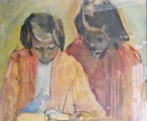 Oil
20th century Continental school 
Two girls seated and looking down reading, signed