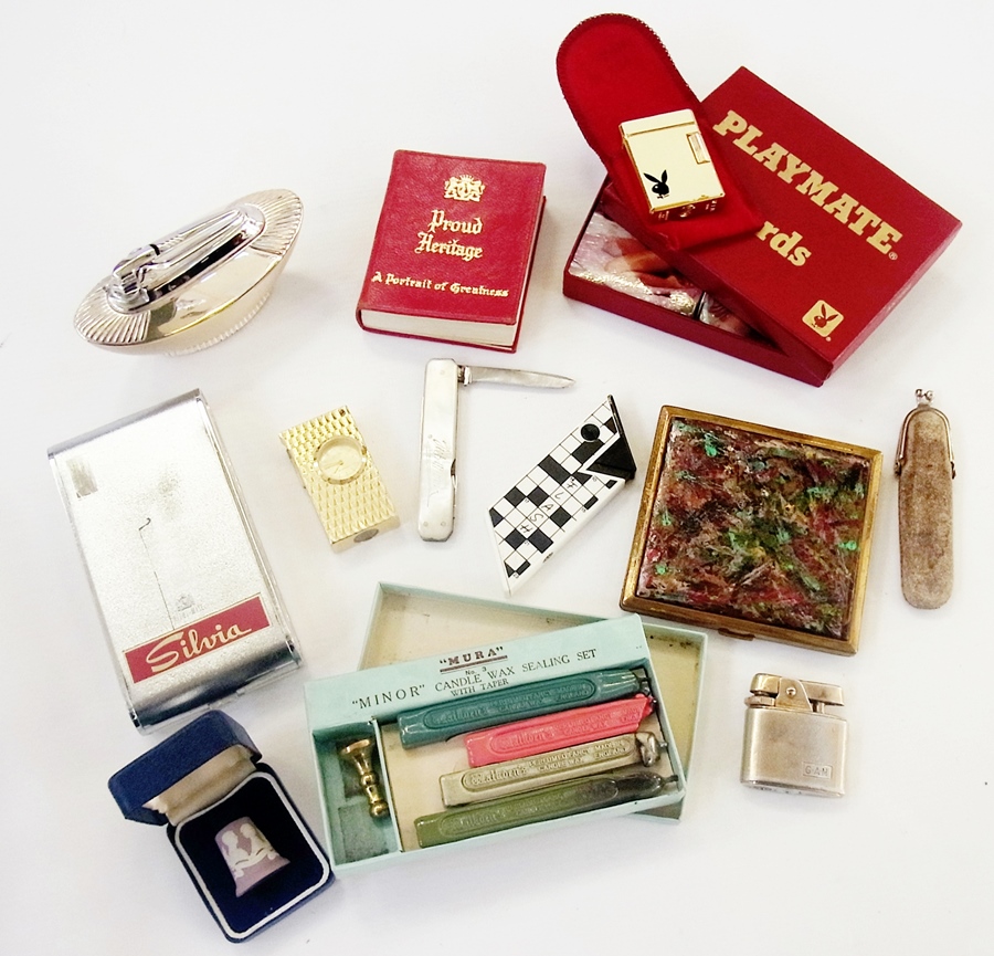 A Stratton compact, wax seals in box, assorted lighters, cigarette holders, silver penknife,