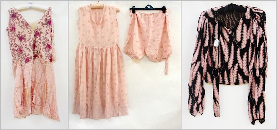A 1920's embroidered satin dress (af), a 1920's silk dress with matching bloomers and a vintage