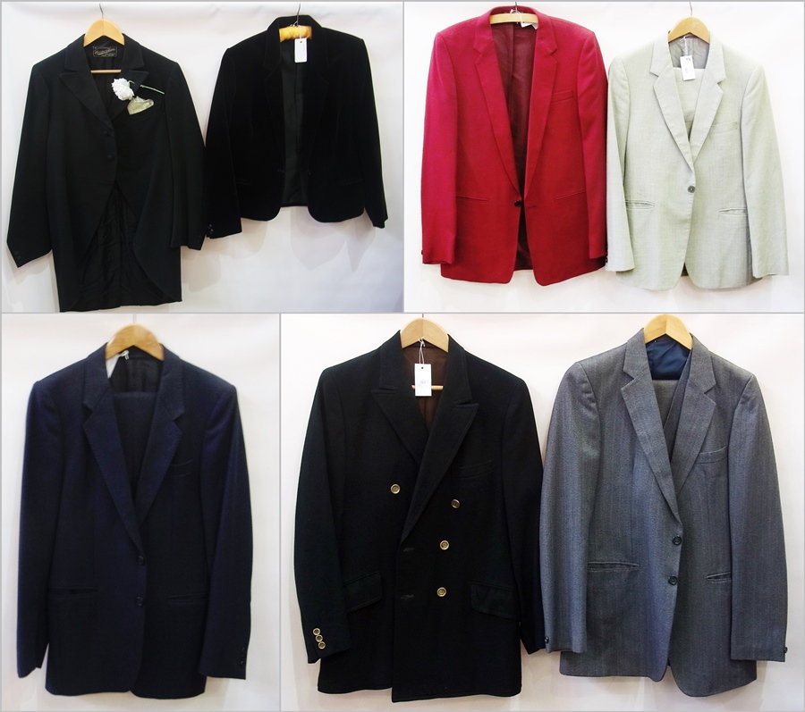 A selection of gentleman's jackets, including a red linen jacket, a vintage morning coat and a