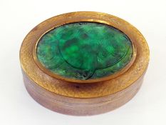 Continental gilt metal and cameo type glass trinket box, oval, the lid inset with green iridescent