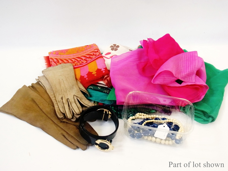 A large quantity of assorted scarves, two bead necklaces, gloves, belts, etc. (1 box)