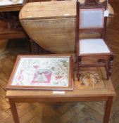 A modern tile-top table, a child's chair and a framed tapestry on stand (af) (3)