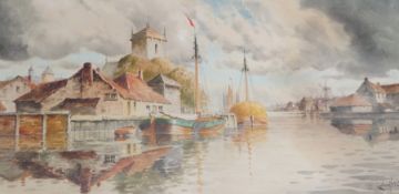 Watercolour drawing
L Van Staaten (1836-1909)
Dutch waterway scene, 39.5 x 59 cms