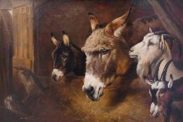 Oil on canvas
Alfred Wheeler (1852-1932)
Donkeys and goats in stable, signed 29cm x 44cm