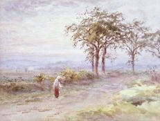 Watercolour drawing
19th century school
Figure walking along a country lane with horses working in a