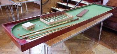 A bar billiards table with cues, balls, rests, etc.    Live Bidding:  Please note if successful