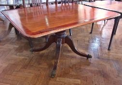A 19th century mahogany pedestal breakfast table, rectangular-topped, pedestal base and brass
