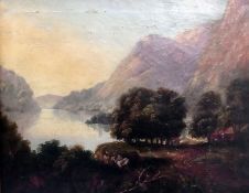 Oil on canvas
Lydia Vickers(?)
Lake in hilly landscape, 42cm x 52cm (af)