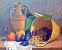 Oil on board 
20th century continental school
Still life with pomegranates, figs and grapes in