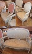 A classical style settee and a pair of matching armchairs, white painted and white upholstered
