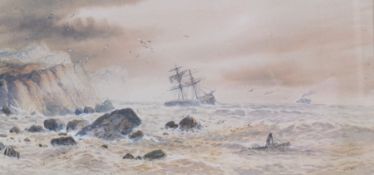 Watercolour drawing
L Lewis
Shipwreck - after the storm, signed and dated '95, 21cm x 52cm