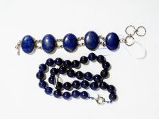 Lapis Lazuli and silver mounted bracelet, marked 925 and a similar beaded necklace