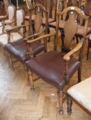 Pair Shoolbred mahogany carvers open armchairs, having stepped arched back, vase shaped splat,