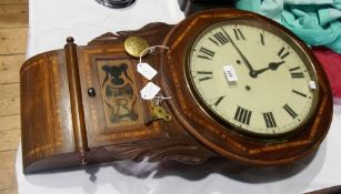 Victorian inlaid walnut drop-dial wall clock having chequered banding, the door below the dial