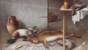 Oil painting on ivory
William Cruikshank (1848-1922)
Still life of game - ducks, rabbit and game