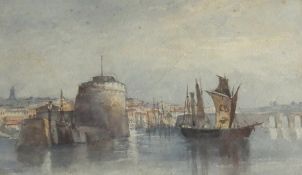 Watercolour drawing
Charles Brook Braithwaite 
Fortified harbour scene with townscape in the