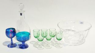 Modern glass ribbed fruit bowl, set of six green-bowl small stem wines, wine decanter and stopper
