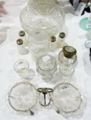 EPNS and ribbed glass preserve stand holding pair flowerhead-pattern glass dishes, cut glass inkwell