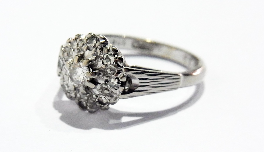 18ct white gold and diamond cluster ring, central brilliant cut diamond raised above eight smaller