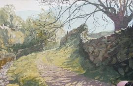 Oil on board 
Eve
Country track with stone wall, signed and dated 1974, 49cm x 75cm
