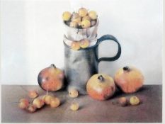 Colour print
After Andrew Hemmingway 
Still life of fruit including pomegranates, pewter tankard and