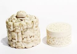 Japanese carved ivory oval lidded pot, all decorated with masks and carved ivory box, circular,