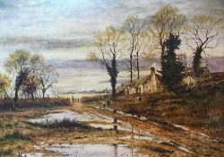 Oil on board
H Heeley 
Foggy landscape scene with figures collecting wood, with cottages nearby