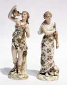 A pair of Volkstedt porcelain figures, one of a lady holding fan and another of huntress, 20cm