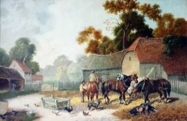 Oil on canvas
J B Cook(?)
19th century courtyard scene with cart, horses, figures on horseback,