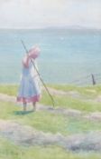 Watercolour drawing
Frederick Douglas How
Study of a girl raking straw beside the sea, signed and