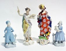 A Meissen figure of a Grecian-style lady holding scroll, another and a pair of continental spill