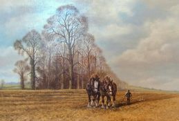Oil on board
Anthony Willis 
Autumnal ploughing scene with two horses, signed and dated 1987, 49cm x