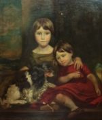 Oil on canvas
Late 18th/early 19th century school
Portrait of two young girls with King Charles