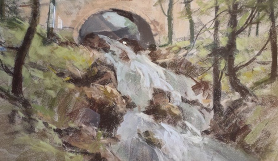 Pastel drawing
Aubrey Phillips (b.1920)
River landscape with bridge - Aberdadolwyn Falls, South