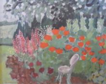 Oil on board 
Lillian Delevoryas 
Garden scenes with lupins and poppies and chair in foreground,