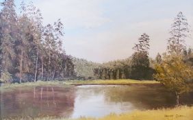 Oil on board 
Valarie Chilton 
River landscape scene entitled on reverse "Shallow Water", 22cm x