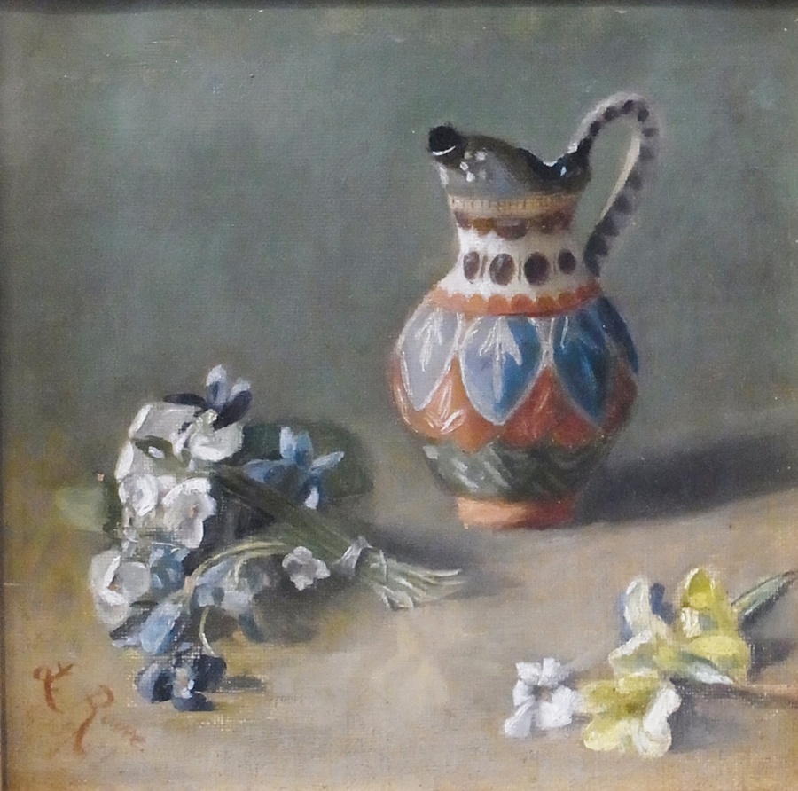 Oil on canvas
L Rowe 
Still life, continental jug with a posy of flowers, signed and dated 4/5/91,