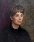 Oil on board
20th century school
Half-portrait of young woman with short hair, 1950's style, 49cm