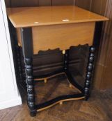 A modern square work table with hinged lid, on spirally twisted supports united by stretchers,