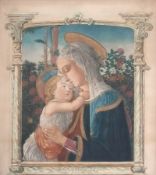 Chromolithograph 
After Botticelli 
Madonna and child in gothic-style frame together with