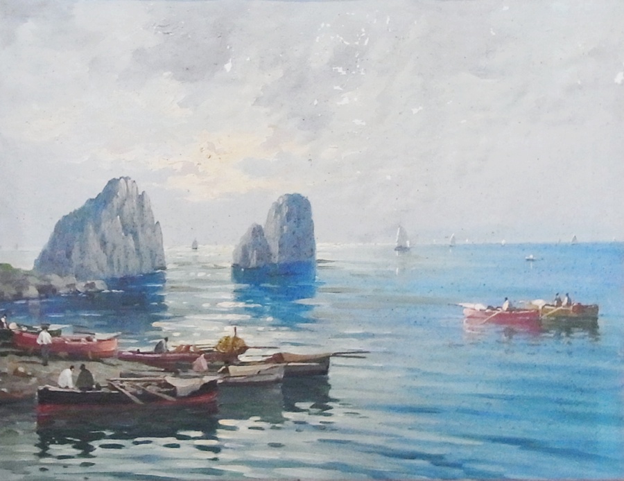 Oil on canvas
Neapolitan school 
Italian fisherman in calm coastal scene with protruding rocks, 32cm