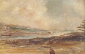 Oil on board
Late 19th century
Seascape with boat, woman and child, indistinctly signed