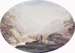 Watercolour drawing
John Sanders (1750-1825)
River landscape scene with figures in the foreground,